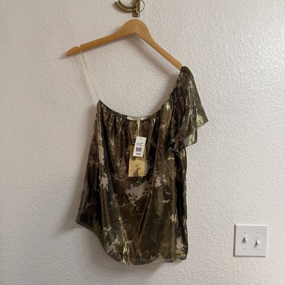 Gibson Silk Blend Gold Metallic One Shoulder Blouse Size M - Picture 1 of 5